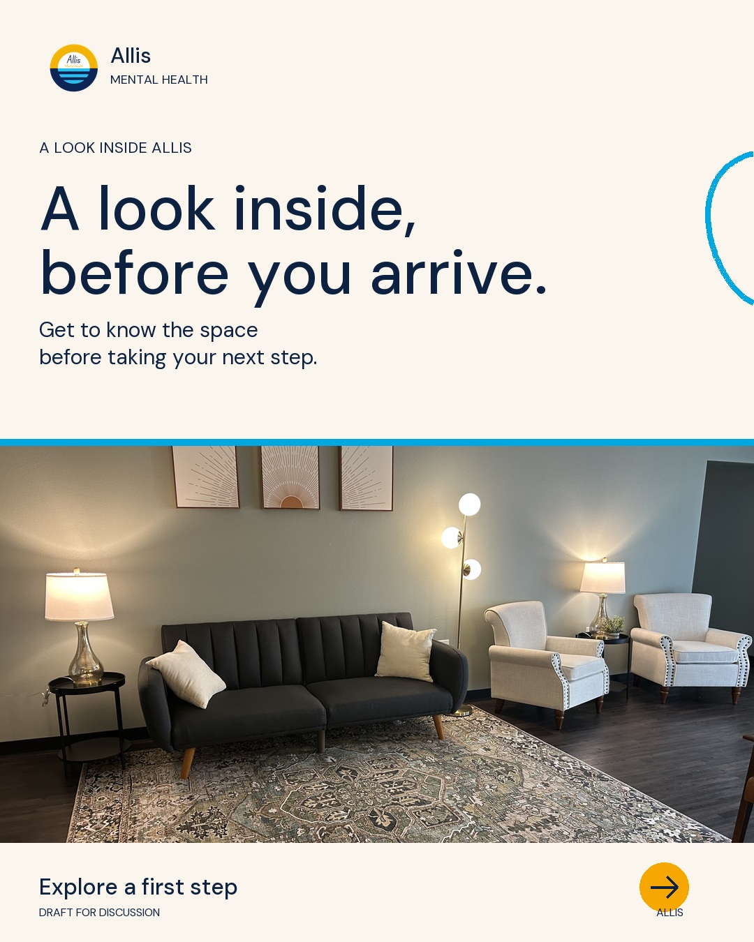 Real Allis shared seating area with a dark sofa, cream armchairs and warm lamps. Ivory text panel: A look inside, before you arrive.