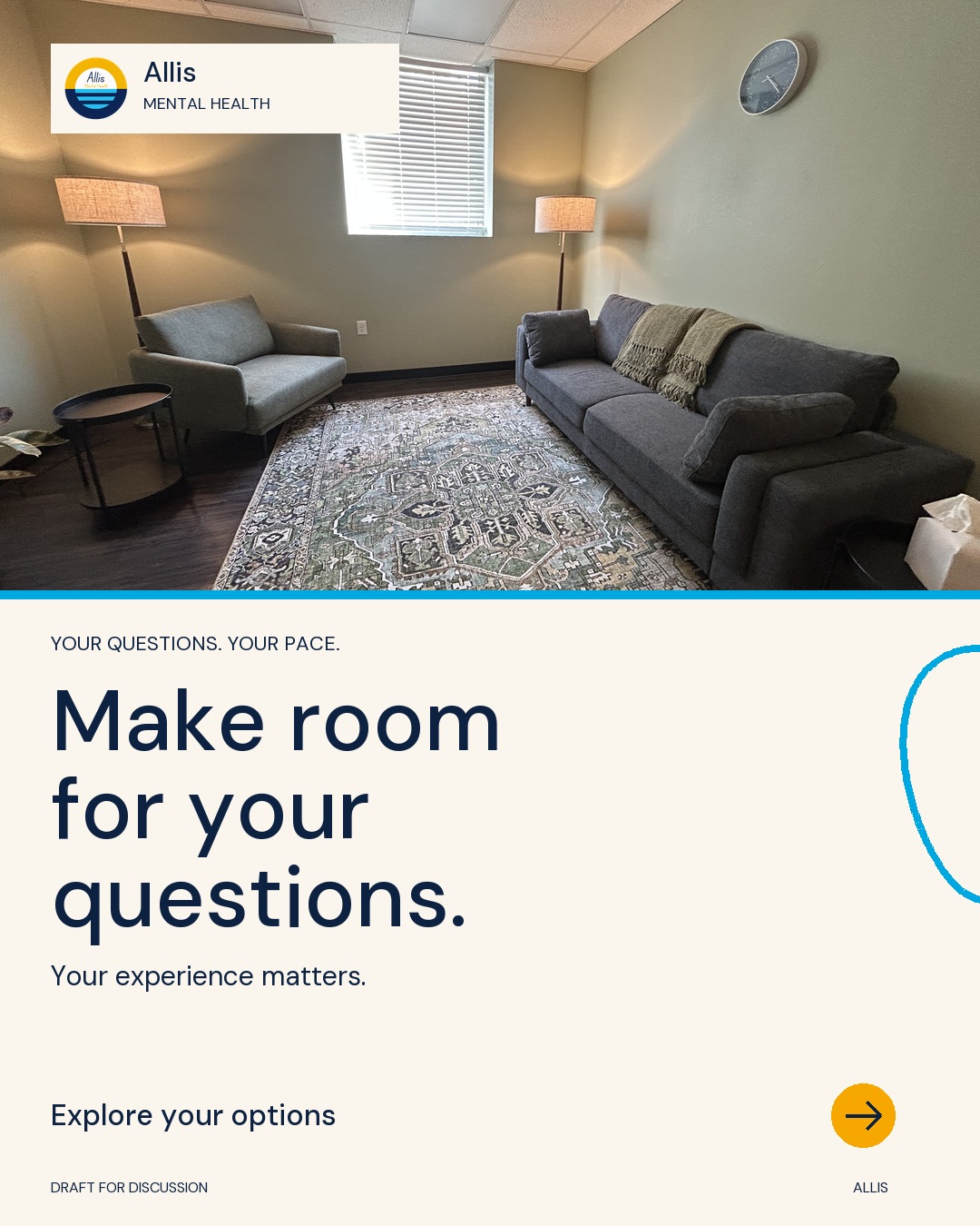 Real Allis room with a blue sofa and green chair. Ivory text panel: Make room for your questions.