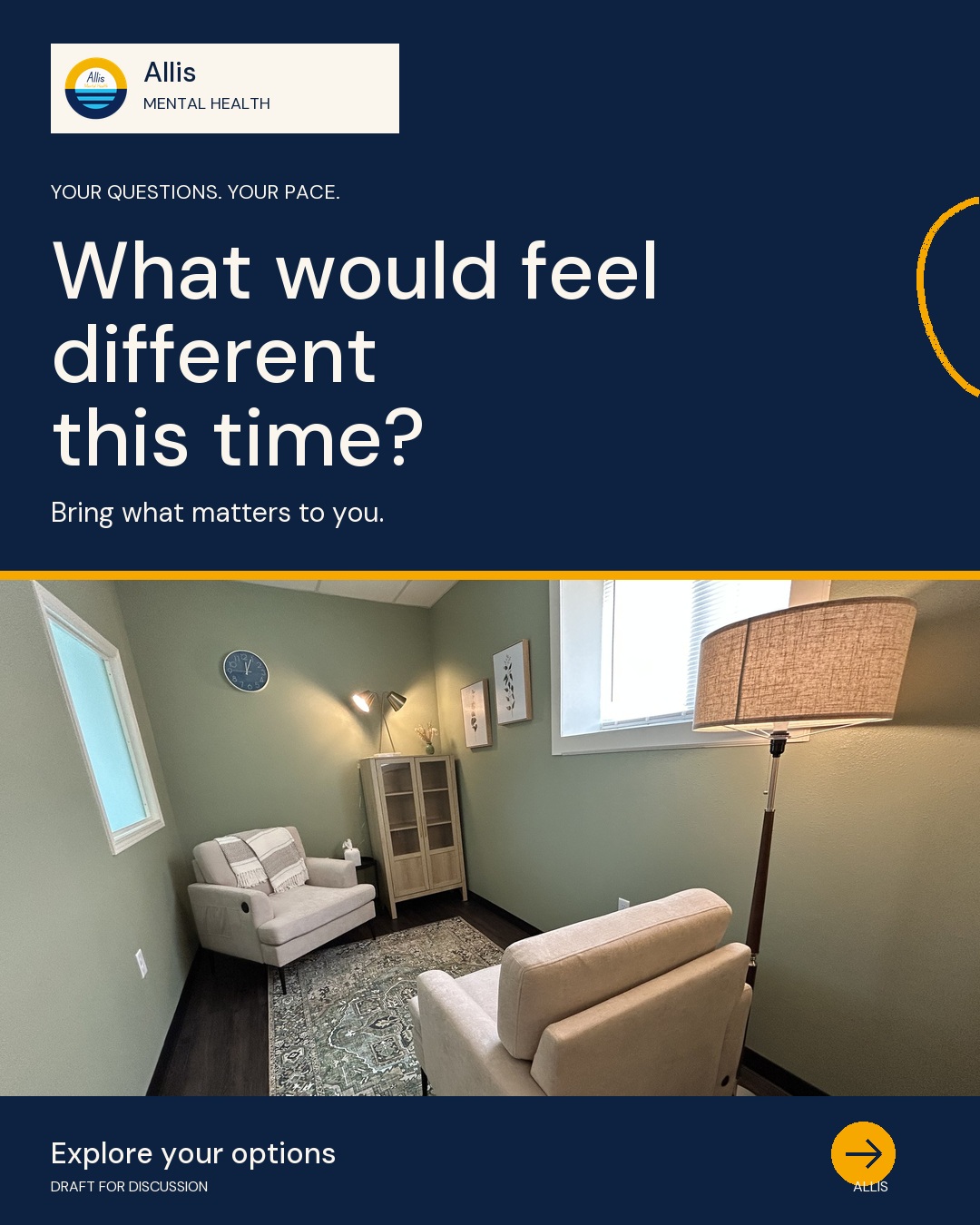 Real smaller Allis room with two cream chairs. Navy text panel: What would feel different this time?