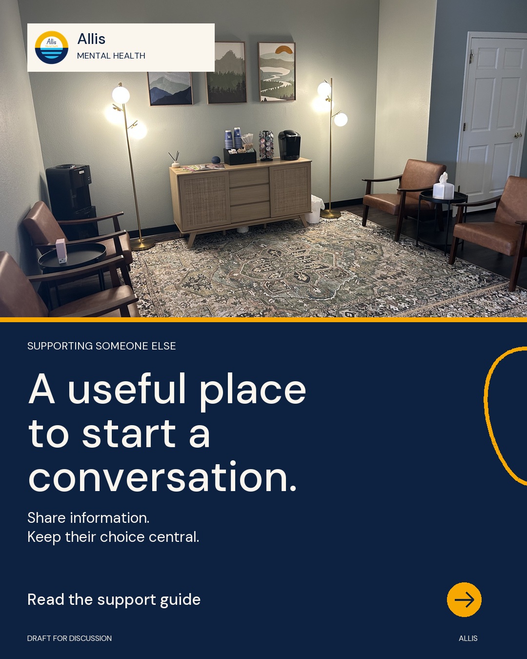 Real Allis shared seating area, coffee station and landscape prints. Navy text panel: A useful place to start a conversation.