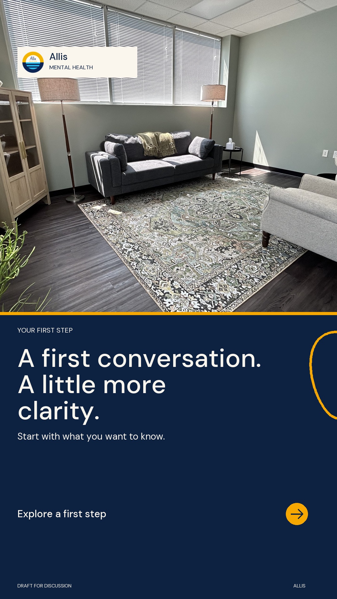 Sunlit Allis office room with a blue sofa and cream chair. Navy text panel: A first conversation. A little more clarity.