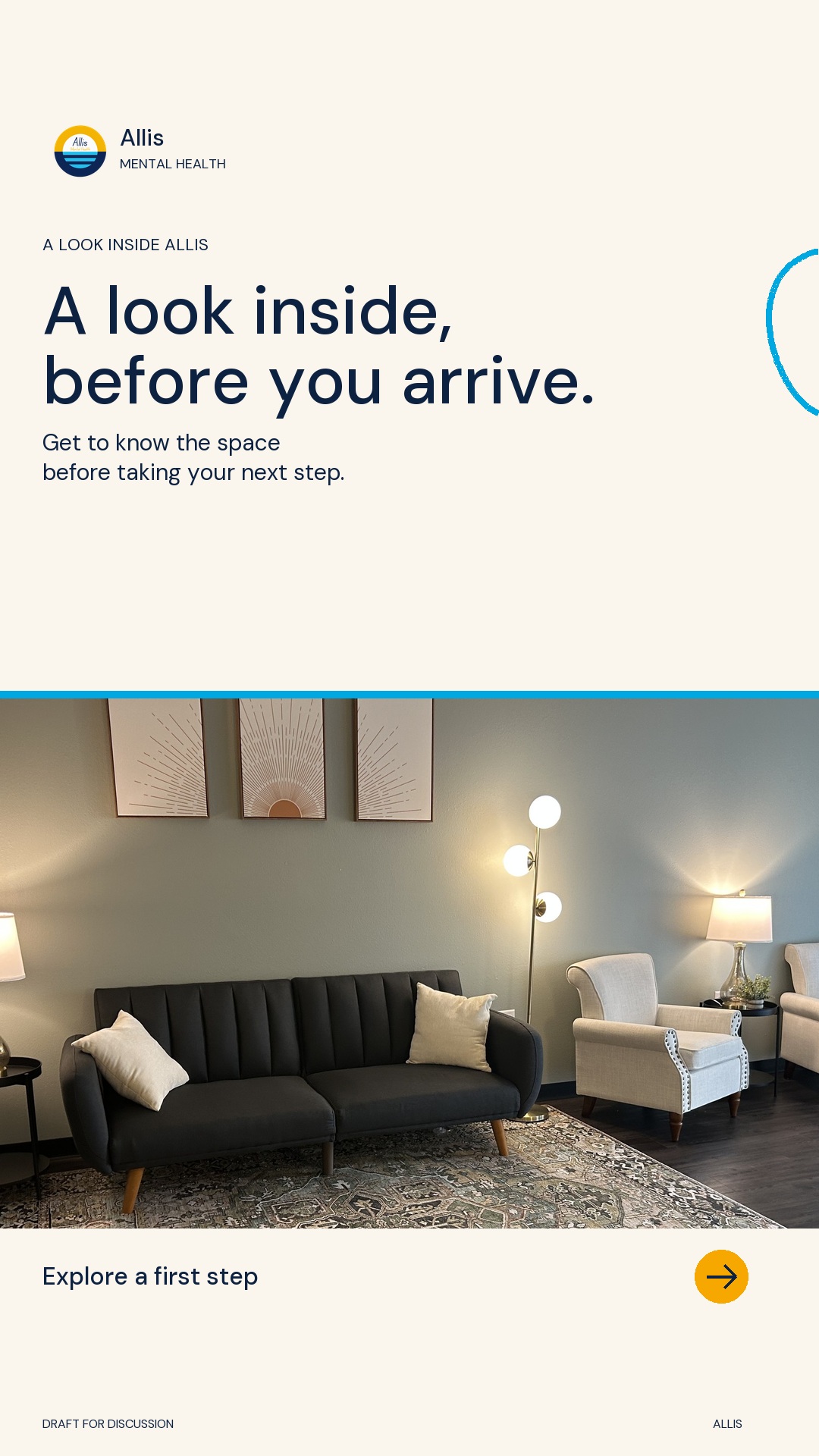 Real Allis shared seating area with a dark sofa, cream armchairs and warm lamps. Ivory text panel: A look inside, before you arrive.