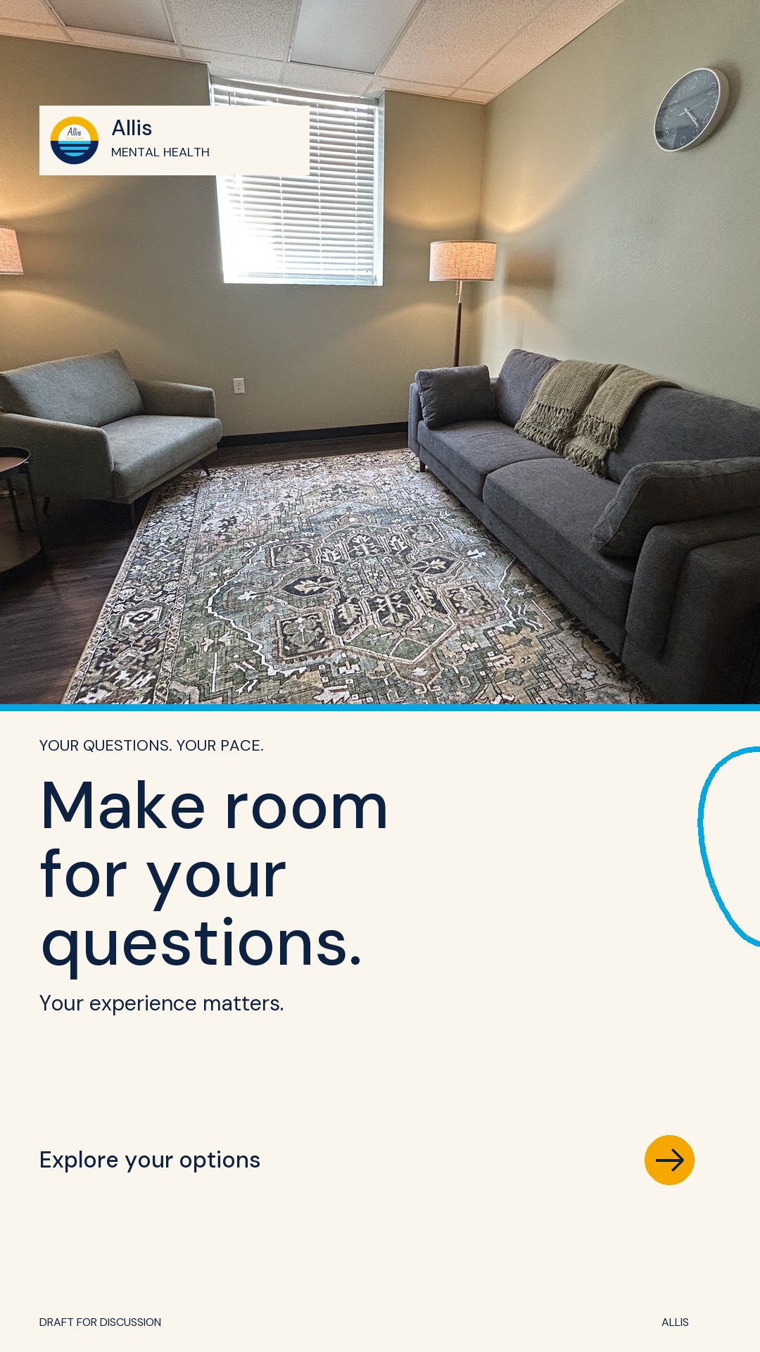 Real Allis room with a blue sofa and green chair. Ivory text panel: Make room for your questions.
