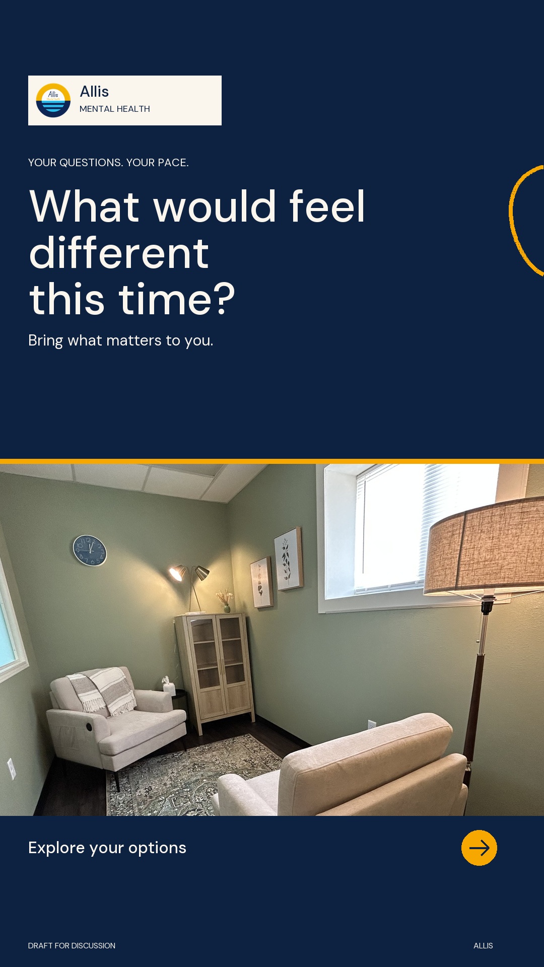 Real smaller Allis room with two cream chairs. Navy text panel: What would feel different this time?