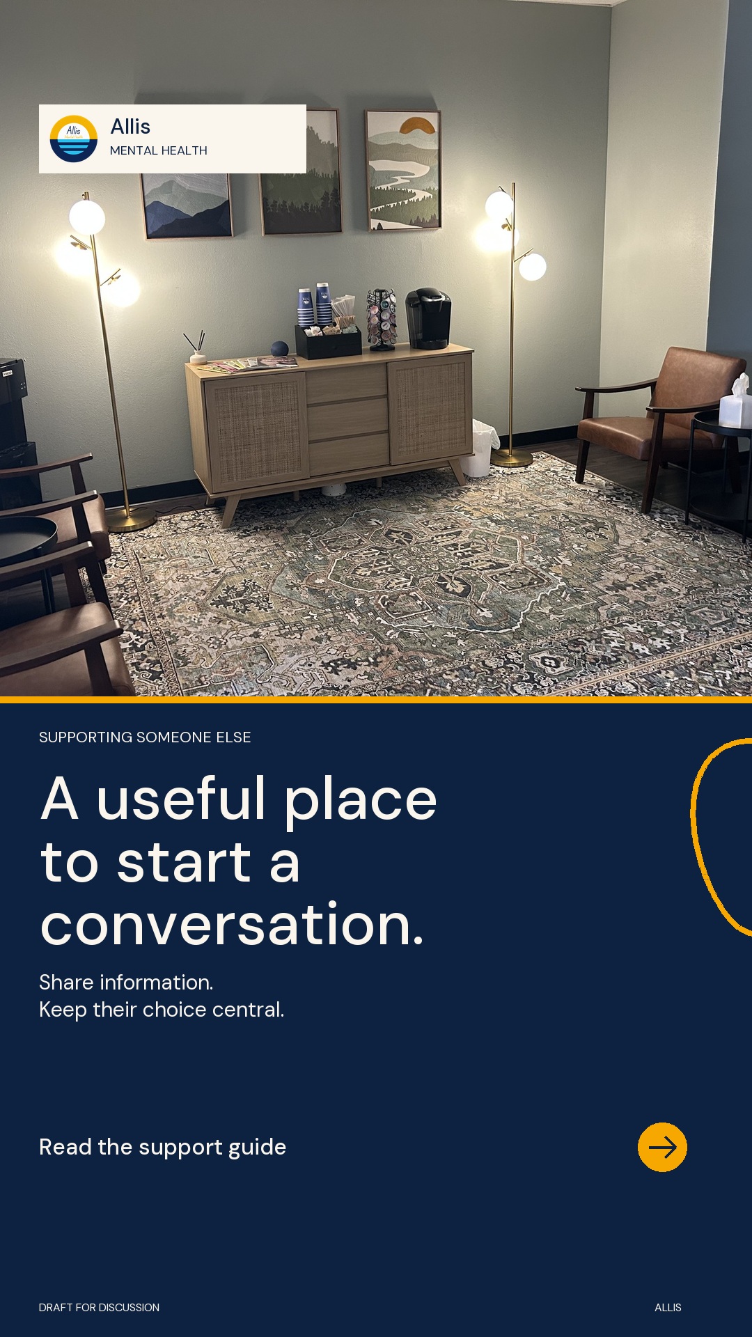 Real Allis shared seating area, coffee station and landscape prints. Navy text panel: A useful place to start a conversation.
